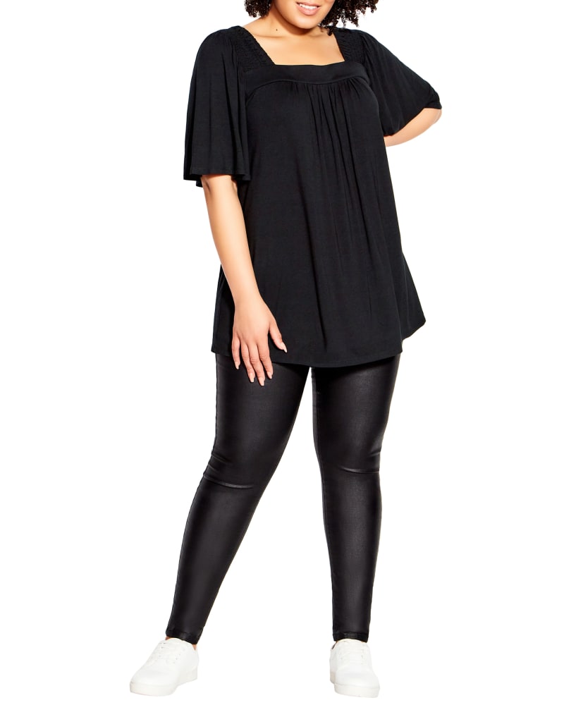 Front of a model wearing a size 14 Sophia Square Neck Smock Top in Black by Evans. | dia_product_style_image_id:215036